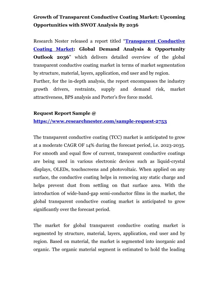 growth of transparent conductive coating market