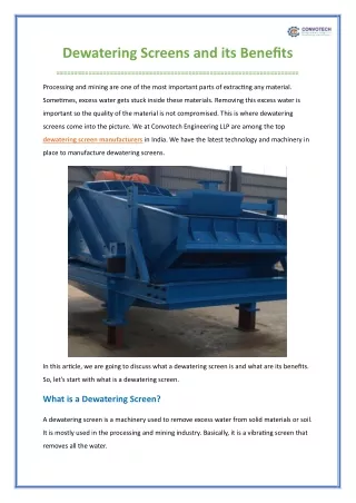 Dewatering Screens and its Benefits