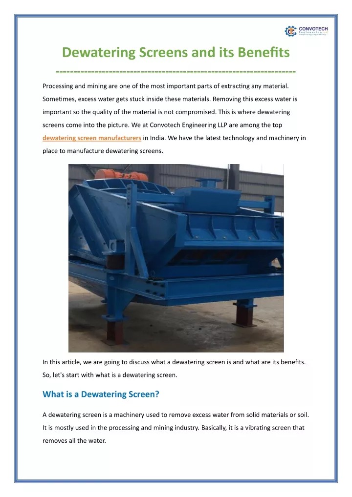 dewatering screens and its benefits