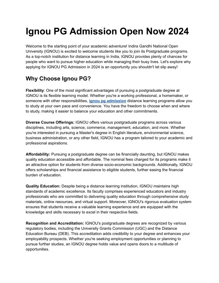 ignou pg admission open now 2024