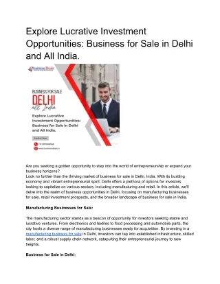 Explore Lucrative Investment Opportunities Business for Sale in Delhi and All India