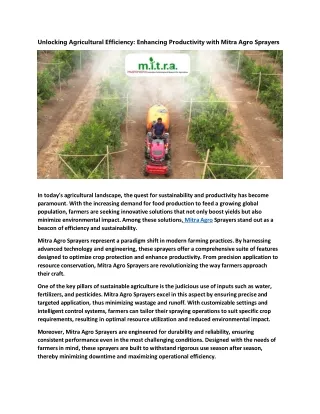 Unlocking Agricultural Efficiency: Enhancing Productivity with Mitra Agro Spraye