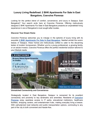 Luxury Living Redefined - 2 BHK Apartments For Sale In East Bangalore, Coevolve Florenza