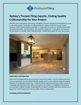Sydney's Trusted Tiling Experts and Finding Quality Craftsmanship for Your Project