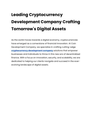 Leading Cryptocurrency Development Company Crafting Tomorrow's Digital Assets