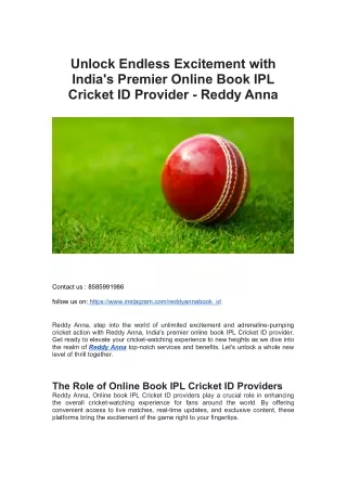 Unlock Endless Excitement with India's Premier Online Book IPL Cricket ID Provider Reddy Anna