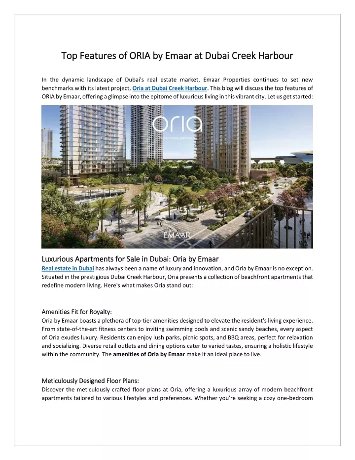 top features of oria by emaar at dubai creek