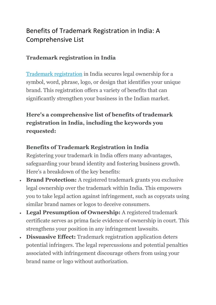 benefits of trademark registration in india