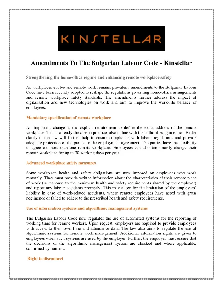 amendments to the bulgarian labour code kinstellar