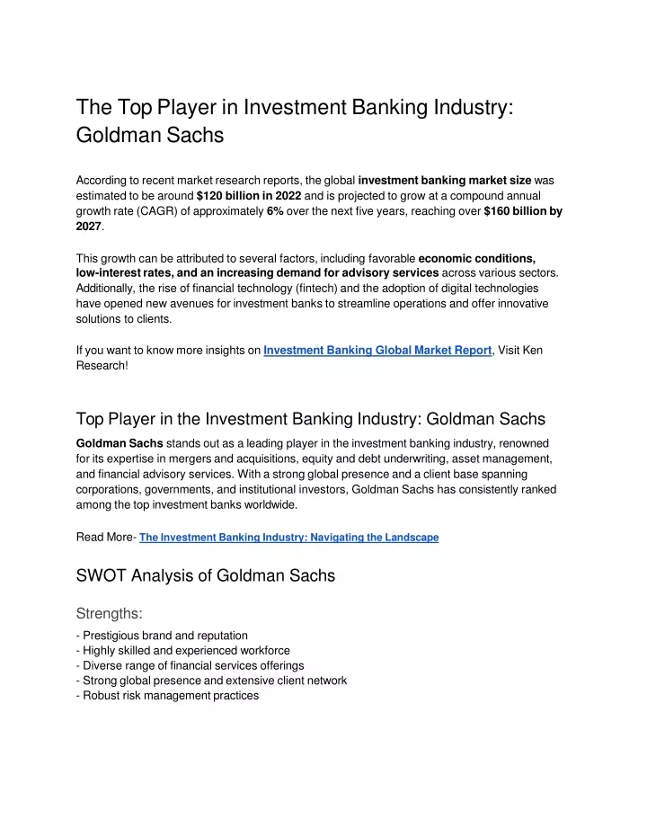 the top player in investment banking industry