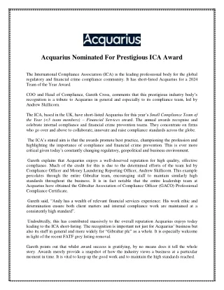 Acquarius Nominated For Prestigious ICA Award