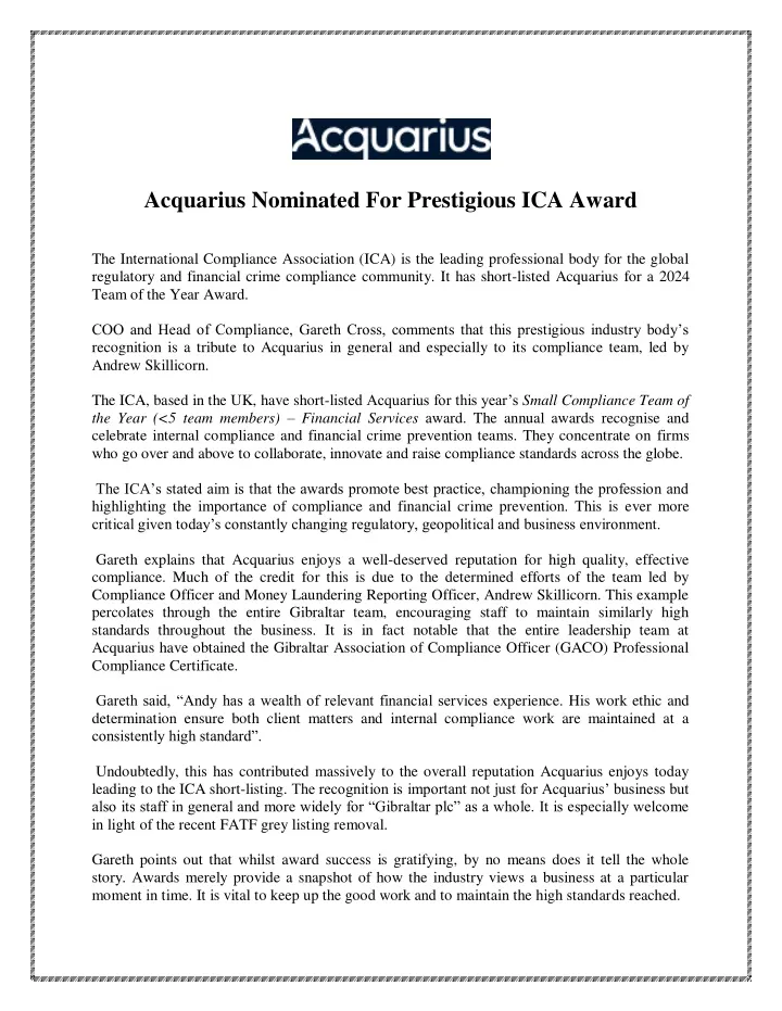 acquarius nominated for prestigious ica award