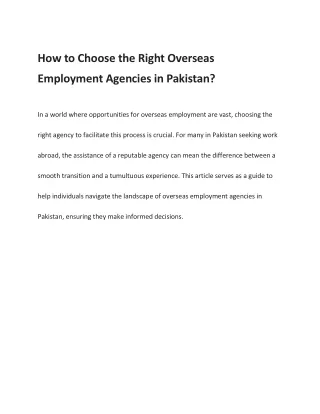 How to Choose the Right Overseas Employment Agencies in Pakistan