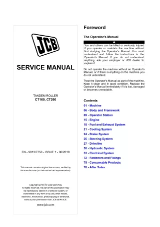 JCB CT160 Tandem Roller Service Repair Manual SN 2702805 and up