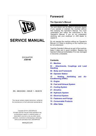 JCB JCB140 Excavator Service Repair Manual (SN 2575981 and up)
