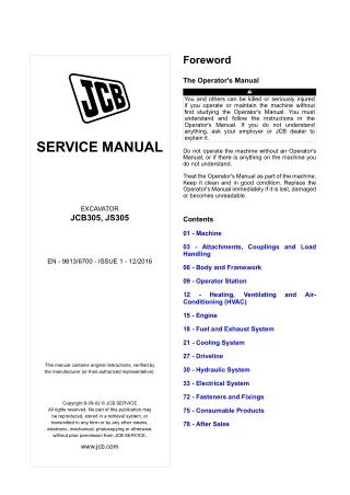 JCB JCB305, JS305 Excavator Service Repair Manual (From 2452101 To 2452200)