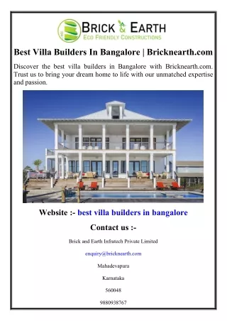 Best Villa Builders In Bangalore  Bricknearth.com