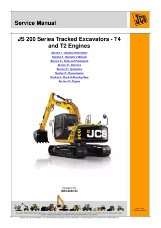 JCB JS 200 Series Tracked Excavators (T4 and T2 Engines) Service Repair Manual From 2137856 To 2142857