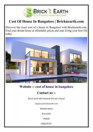 Cost Of House In Bangalore  Bricknearth.com