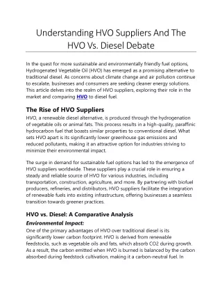 Understanding HVO Suppliers And The HVO Vs. Diesel Debate
