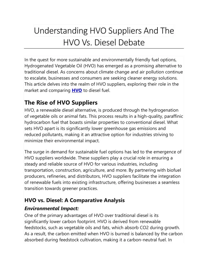 understanding hvo suppliers and the hvo vs diesel