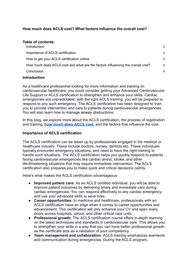 how much does acls cost what factors influence