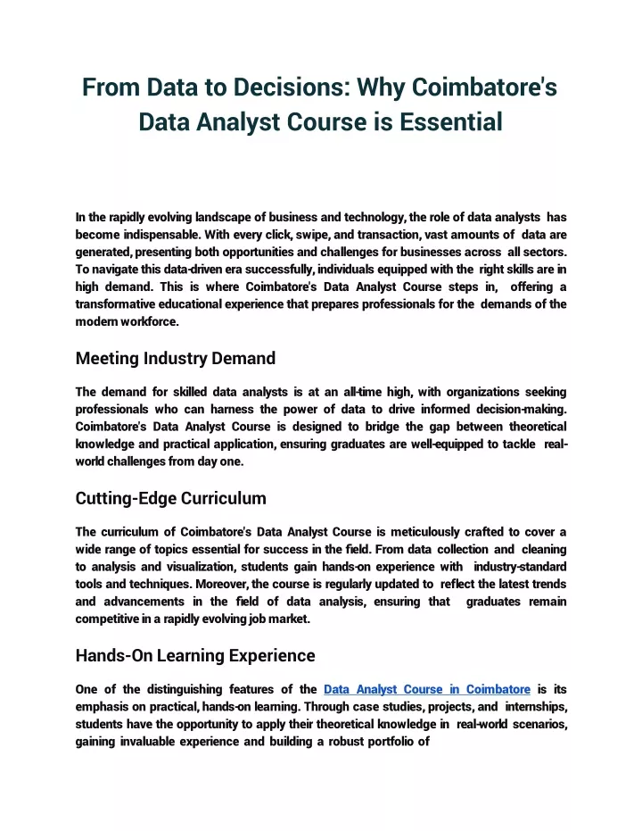 from data to decisions why coimbatore s data analyst course is essential