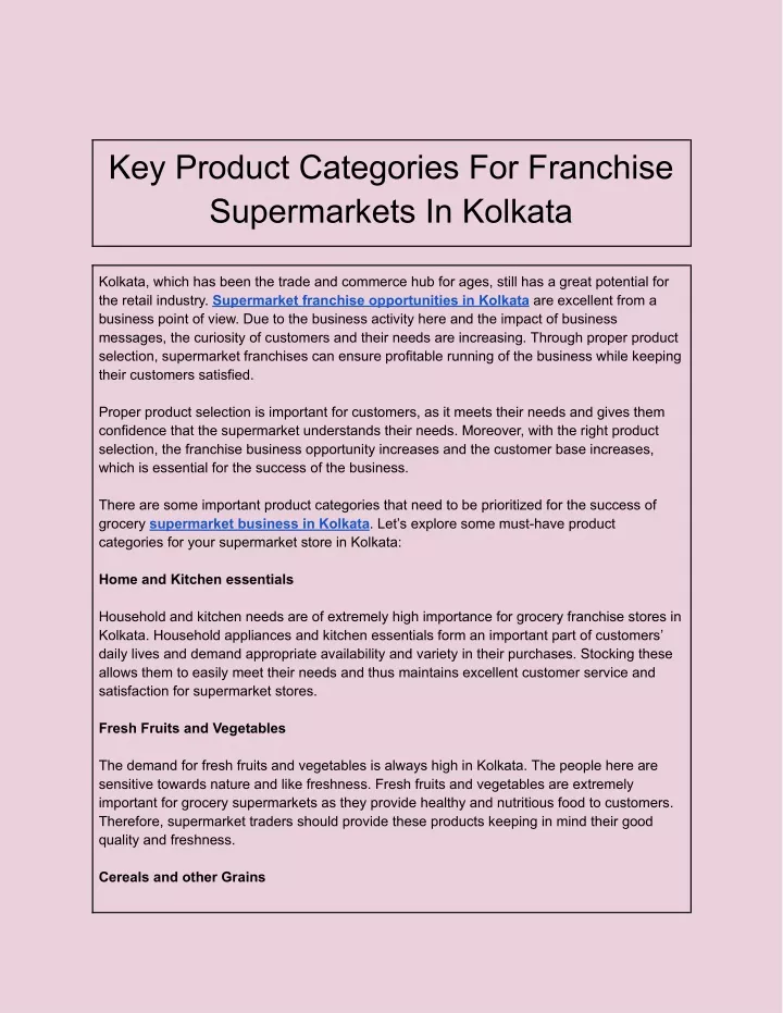 key product categories for franchise supermarkets