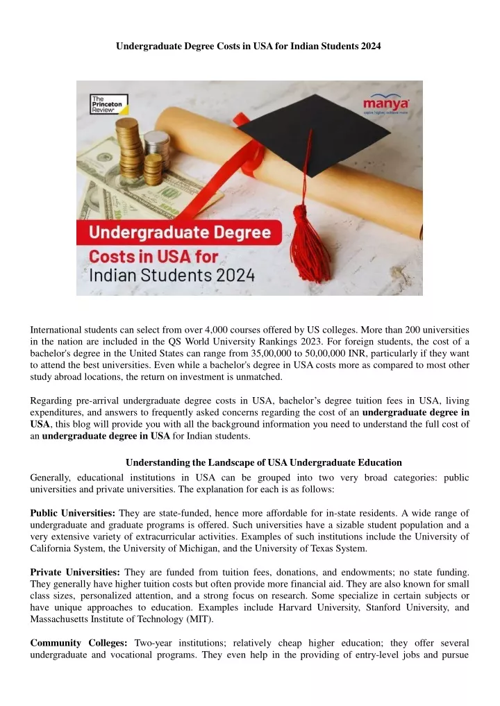 undergraduate degree costs in usa for indian