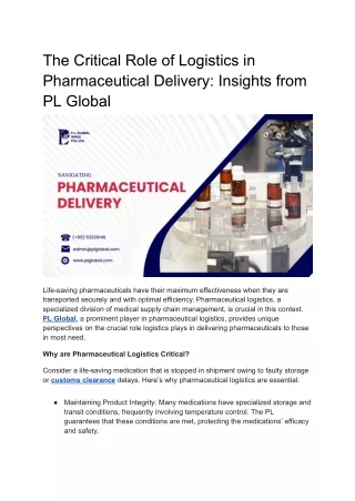 The Critical Role of Logistics in Pharmaceutical Delivery - Insights from PL Global