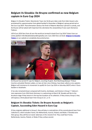 Belgium Vs Slovakia Tickets: De Bruyne confirmed as new Belgium captain in Euro