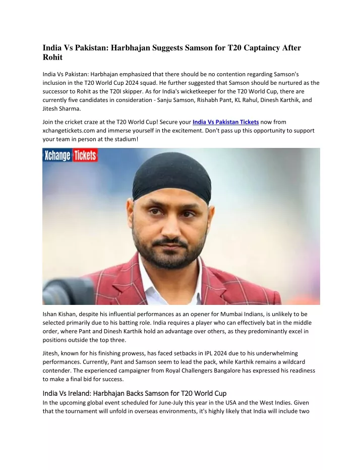 india vs pakistan harbhajan suggests samson