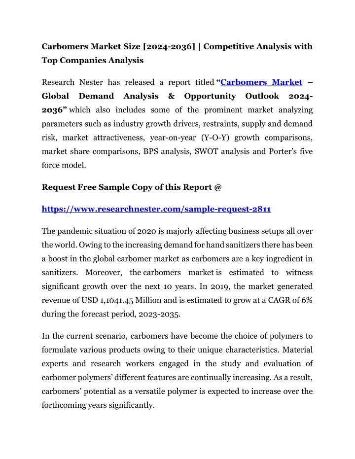 carbomers market size 2024 2036 competitive