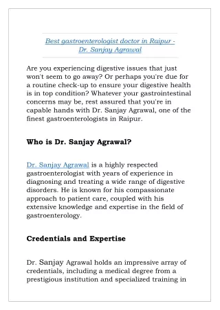 Best gastroenterologist doctor in Raipur - Dr. Sanjay Agrawal