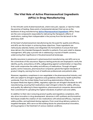 The Vital Role of Active Pharmaceutical Ingredients (APIs) in Drug Manufacturing