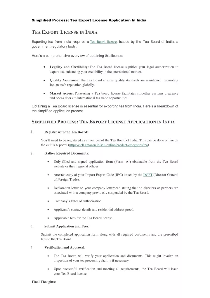 simplified process tea export license application