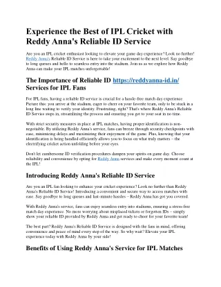 Experience the Best of IPL Cricket with Reddy Anna's Reliable ID Service