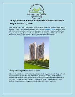 Luxury Redefined and Kalpataru Vista and The Epitome of Opulent Living in Sector 128 Noida