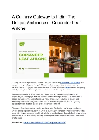A Culinary Gateway to India - The Unique Ambiance of Coriander Leaf Ahlone