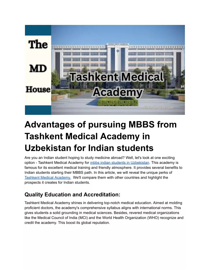 advantages of pursuing mbbs from tashkent medical