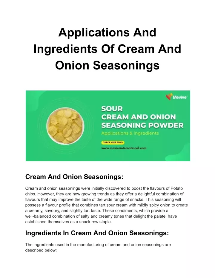 applications and ingredients of cream and onion