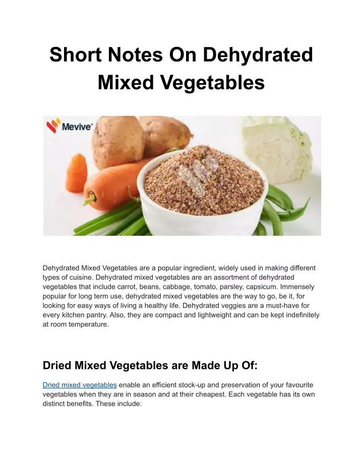 short notes on dehydrated mixed vegetables