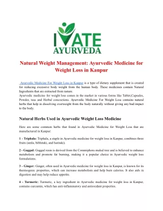 Natural Weight Management: Ayurvedic Medicine for Weight Loss in Kanpur