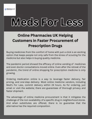 Online Pharmacies UK Helping Customers in Faster Procurement of Prescription Drugs