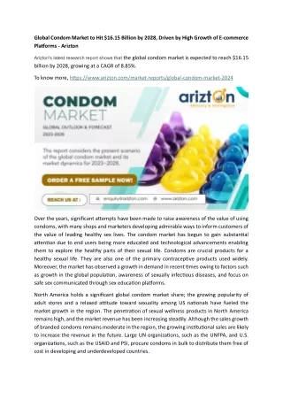 Global Condom Market to Hit $16.15 Billion by 2028, Driven by High Growth of E-commerce Platforms - Arizton