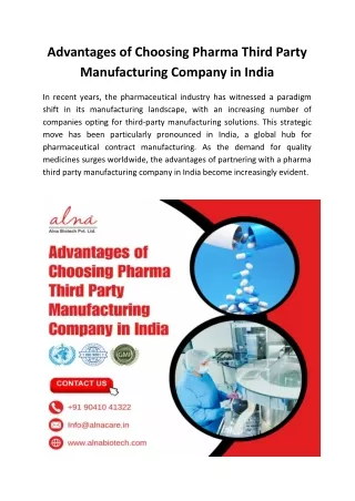 Advantages of Choosing Pharma Third Party Manufacturing Company in India