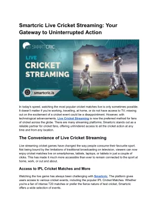 Smartcric Live Cricket Streaming: Your Gateway to Uninterrupted Action