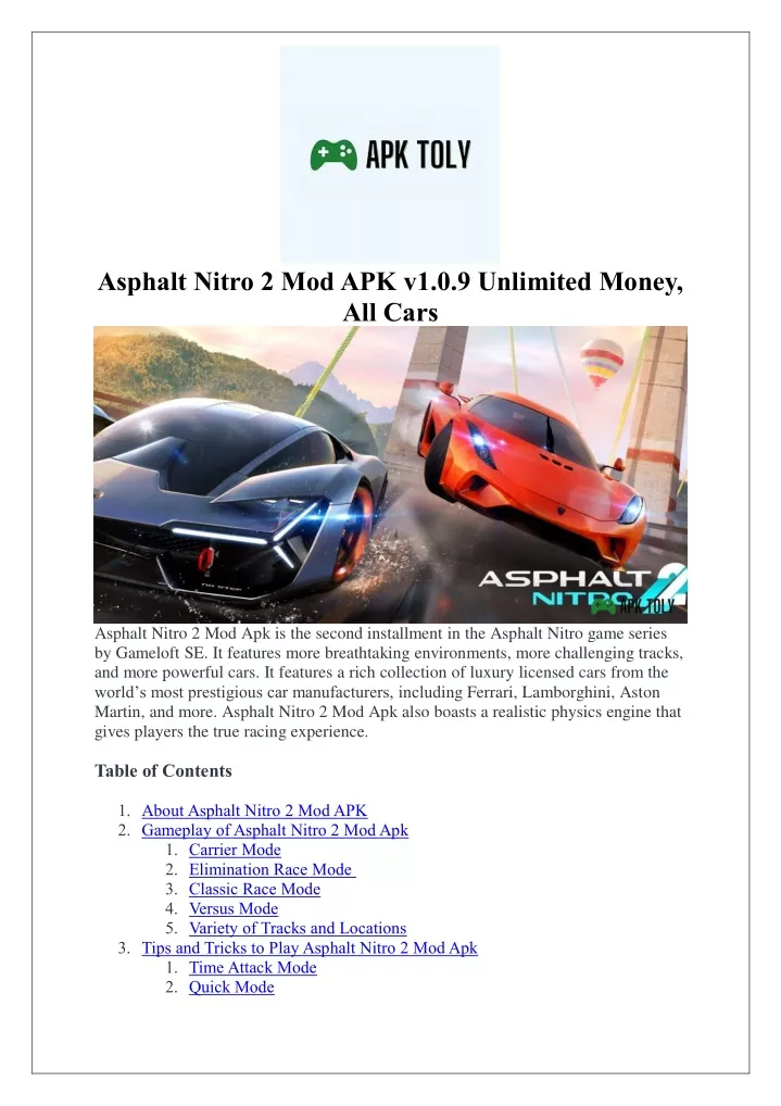 asphalt nitro 2 mod apk v1 0 9 unlimited money