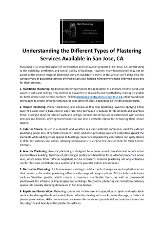 Understanding the Different Types of Plastering Services Available in San Jose