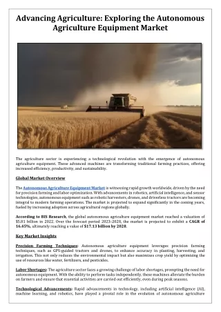 Advancing Agriculture: Exploring the Autonomous Agriculture Equipment Market